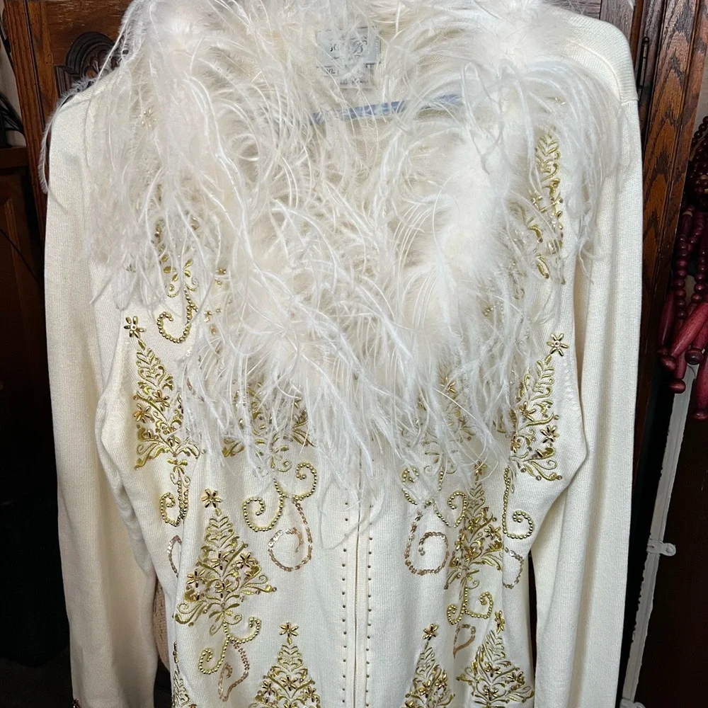 Elegant Cream and Gold Christmas Holiday Women's Sweater with Feather Trim - Picture 4 of 17
